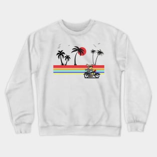 Dog riding a motorcycle along the beach with palm trees and a sunset Crewneck Sweatshirt